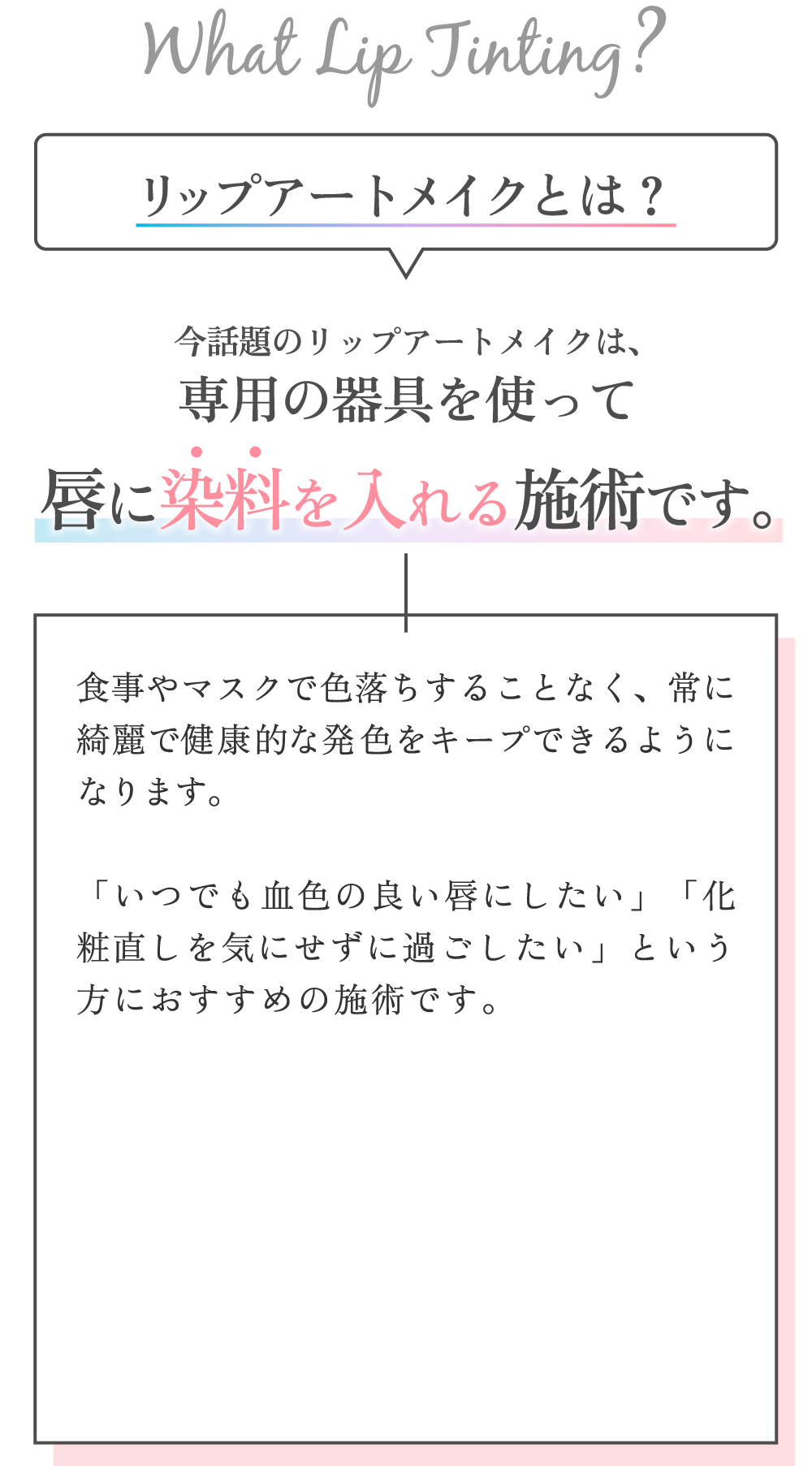 今話題のリップアートメイクとは、専用の器具を使って、唇に染料を入れる施術です。食事やマスクで色落ちすることなく、常に綺麗で健康的な発色をキープできるようになります。いつでも血色の良い唇にしたい、化粧直しを気にせずに過ごしたいという方におすすめの施術です。